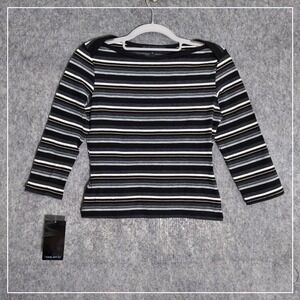 Y2K To The Max Shirt M Black Bella Swan Cropped Striped Boat Neck Retro USA Made